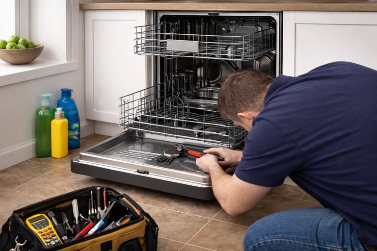 Dishwasher service technician working on built-in unit