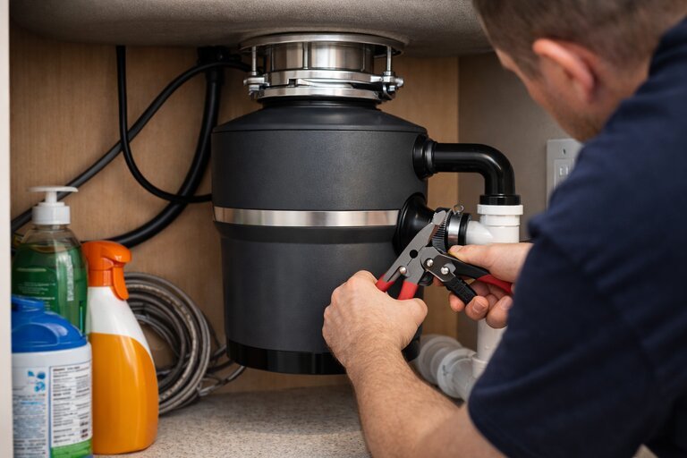 Garbage disposal service technician inspecting unit